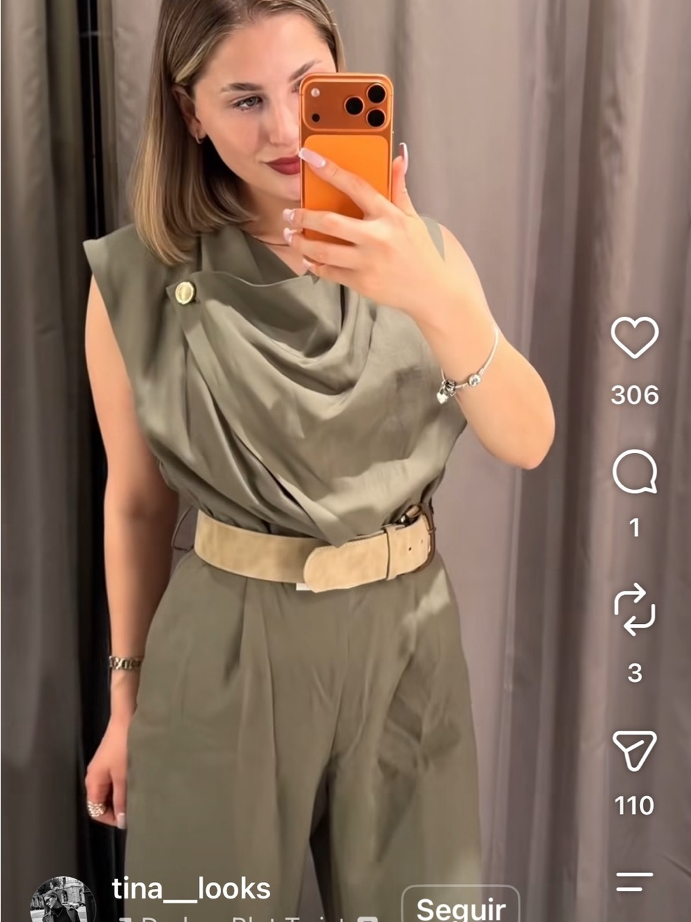 Zara Olive Green Wide-Leg Sleeveless Jumpsuit with Beige Belt - Picture 5 of 6